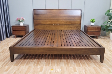 Giường ngủ GODA 08 gỗ gõ đỏ, phun màu nâu óc chó, dát gỗ tự nhiên
